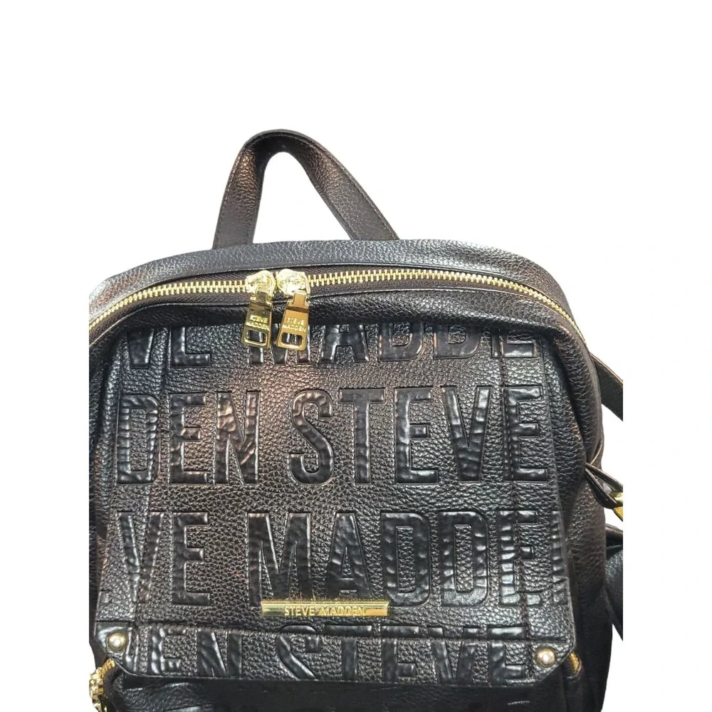 Steve Madden Womens Black Embossed Logo PVC Backpack Large Casual Daily Bag Work